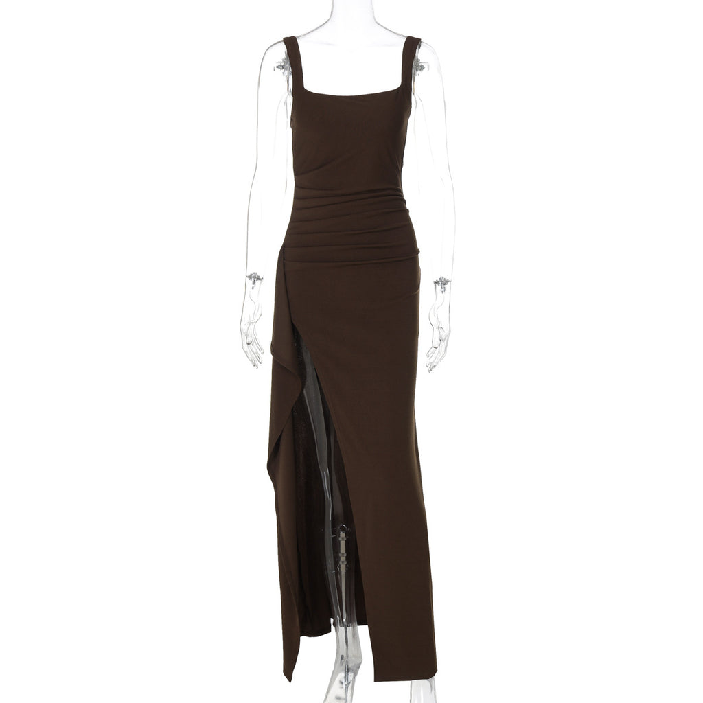 Brown evening gown on a mannequin against a white background
