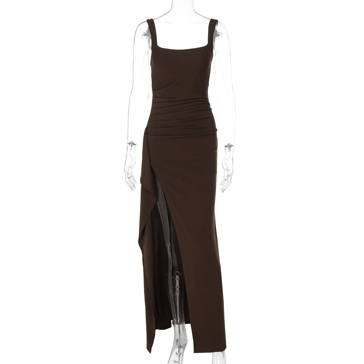 Brown evening gown on a mannequin against a white background