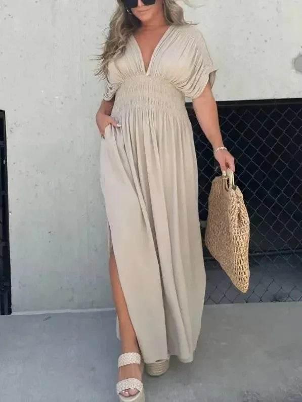 V-Neck Bat Sleeve Slit Dress – Summer Long Dress - ZA-Zola