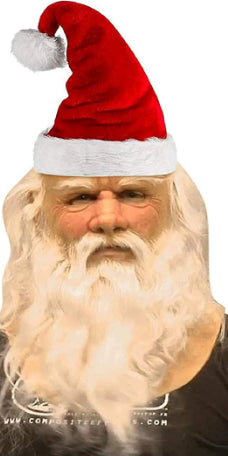 A close-up portrait of a Santa Claus face with a long white beard and a red Santa hat with white trim, shown against a plain white background.