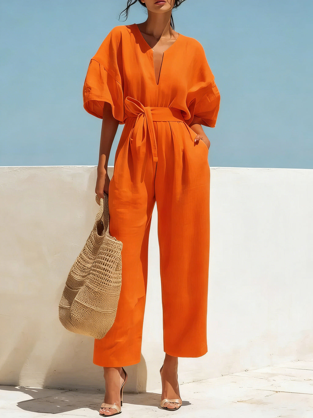 Fashionable V-Neck Cotton Linen Jumpsuit for Women – Solid Color Wide Leg