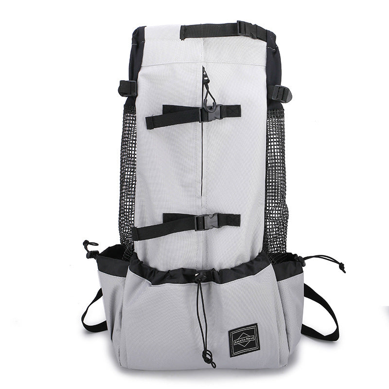 Gray backpack with black straps on a white background