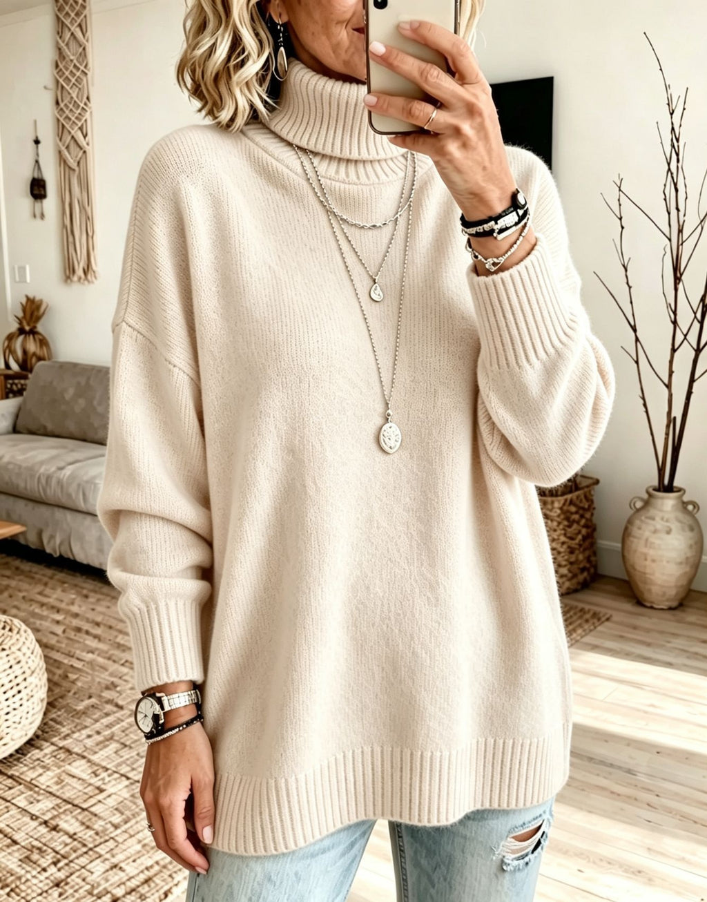 A woman takes a mirror selfie wearing an oversized cream-colored ribbed turtleneck sweater, paired with light-wash distressed jeans. The setting is a cozy, modern living room with a gray sofa, woven rug, and decorative vases.