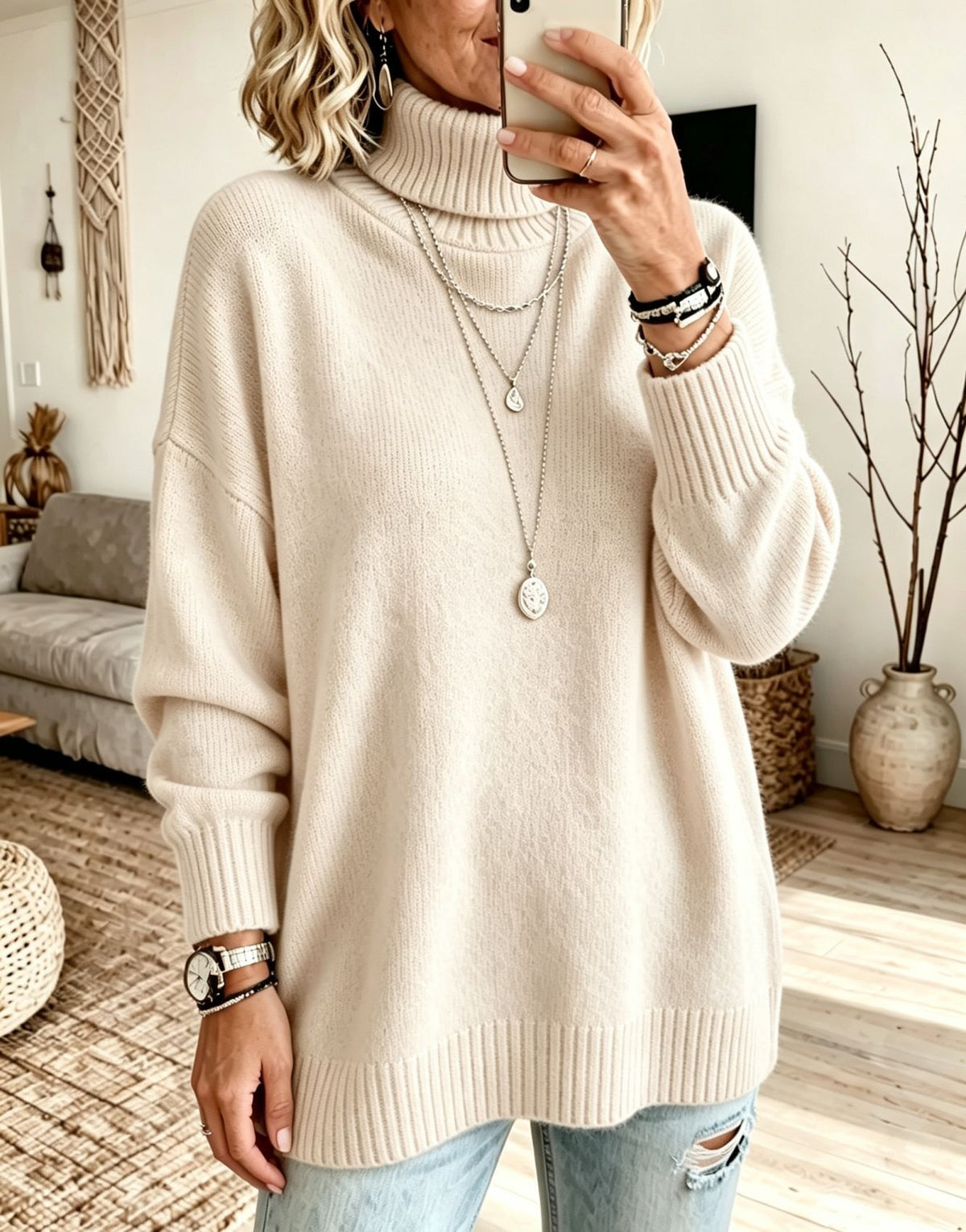 A woman takes a mirror selfie wearing an oversized cream-colored ribbed turtleneck sweater, paired with light-wash distressed jeans. The setting is a cozy, modern living room with a gray sofa, woven rug, and decorative vases.