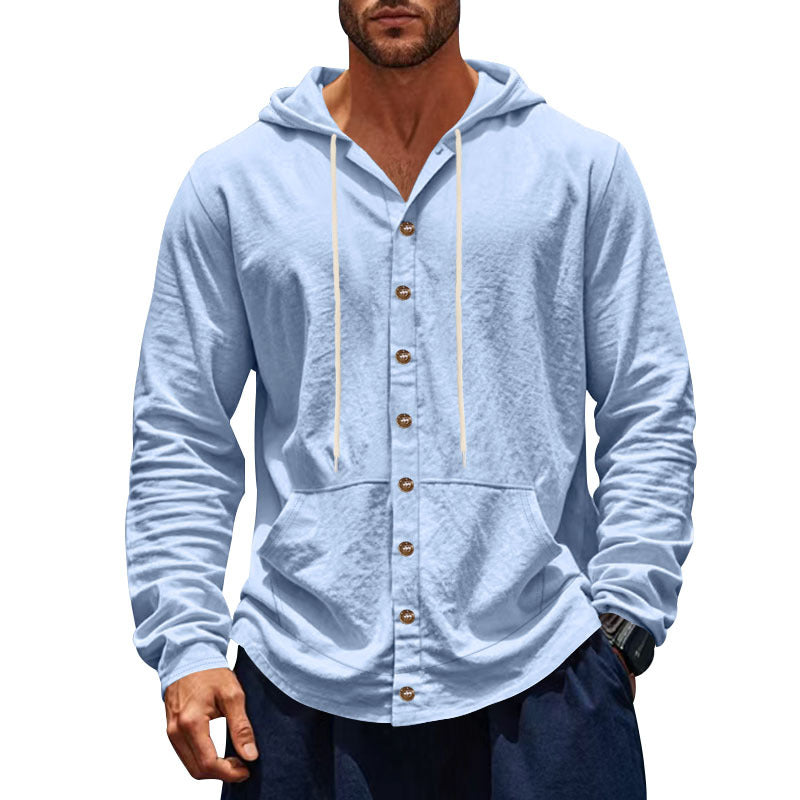 Light blue hoodie with button details on a white background
