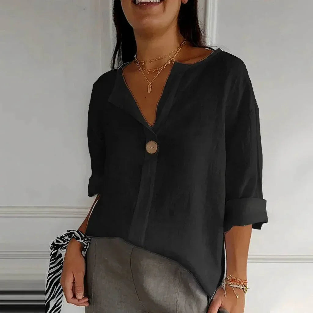 Loose Cotton Linen V-Neck Button Top for Women - ZA-Zola