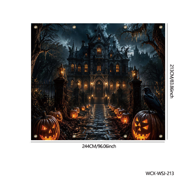 A square Halloween-themed wall art print showing a dark gothic mansion, glowing jack-o'-lanterns, bare trees, and a raven under a cloudy night sky. The print is displayed on a white background with size markings of 244CM/96.