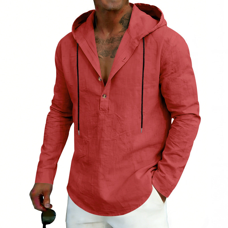 Red hooded shirt worn by a person on a white background