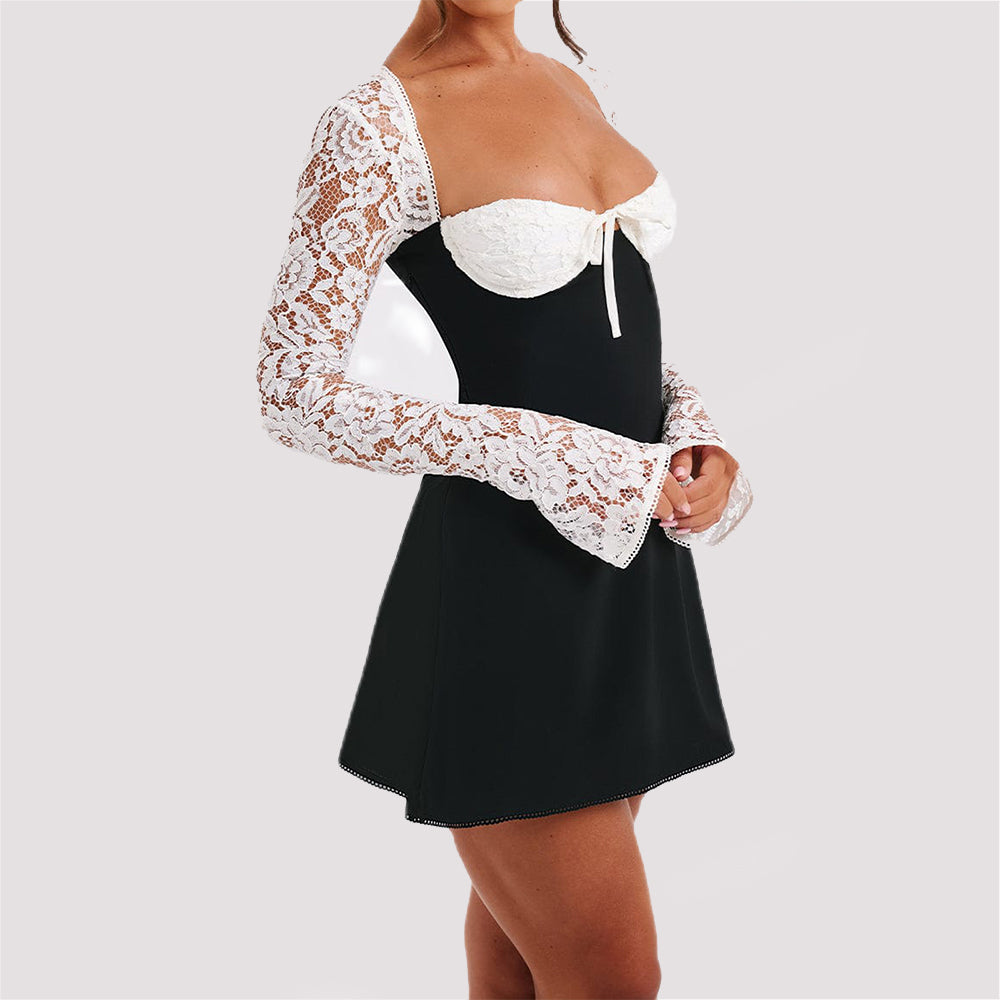 Y2K Lace Long Sleeve Backless Short Dress for Women – Sexy Corset Lace Up Elegant Fashion Clothing