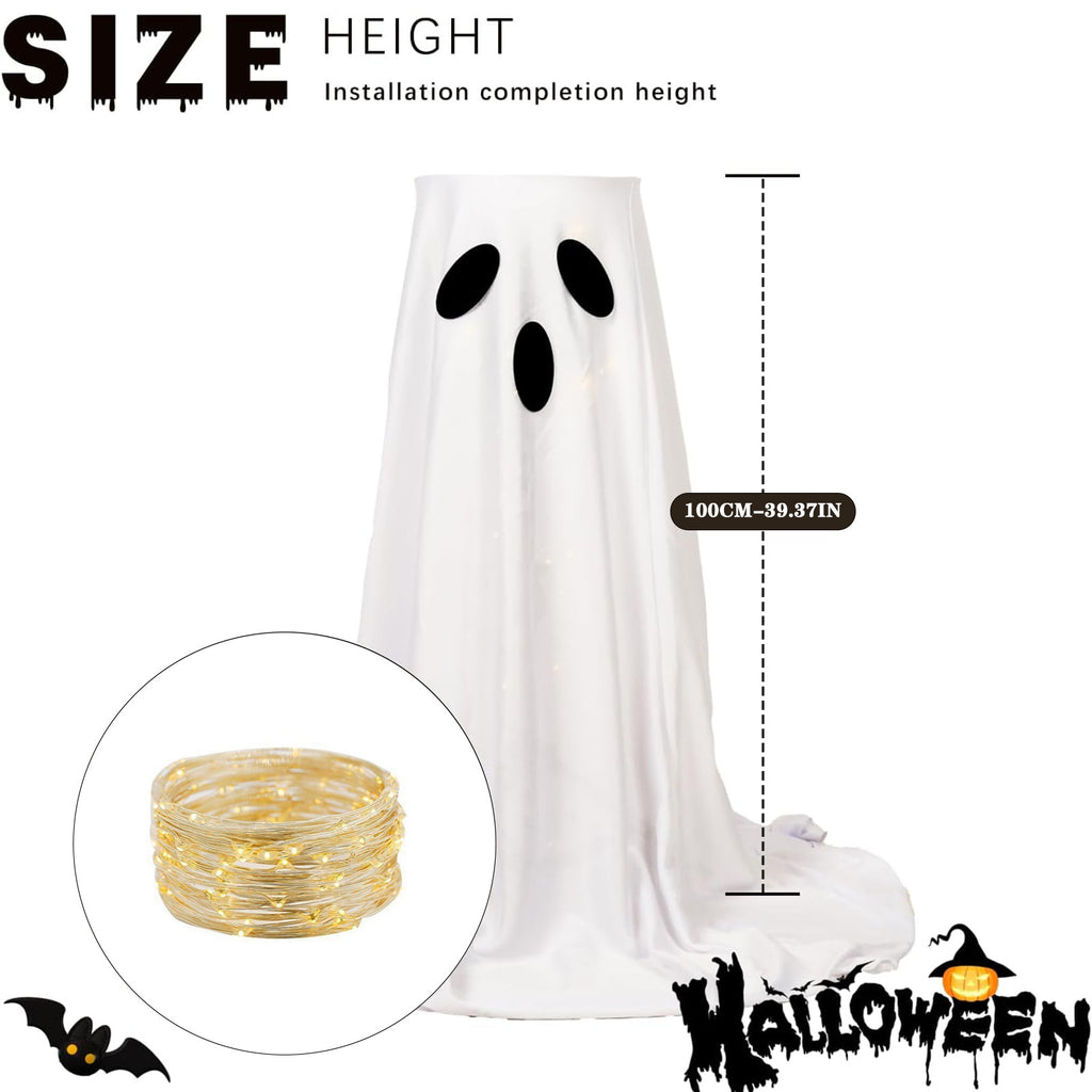 Halloween ghost costume with string lights and measurement details on a white background