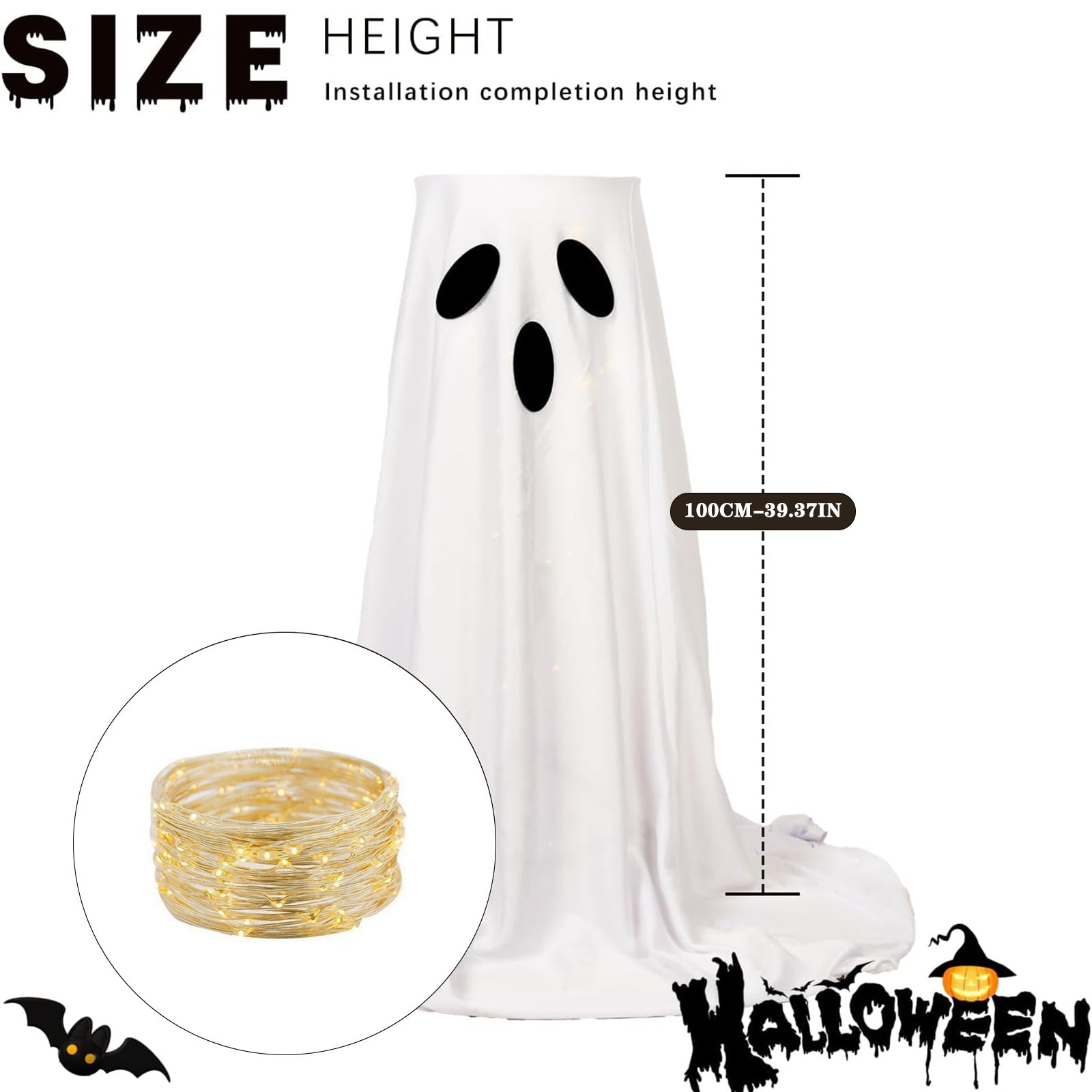 Halloween ghost costume with string lights and measurement details on a white background