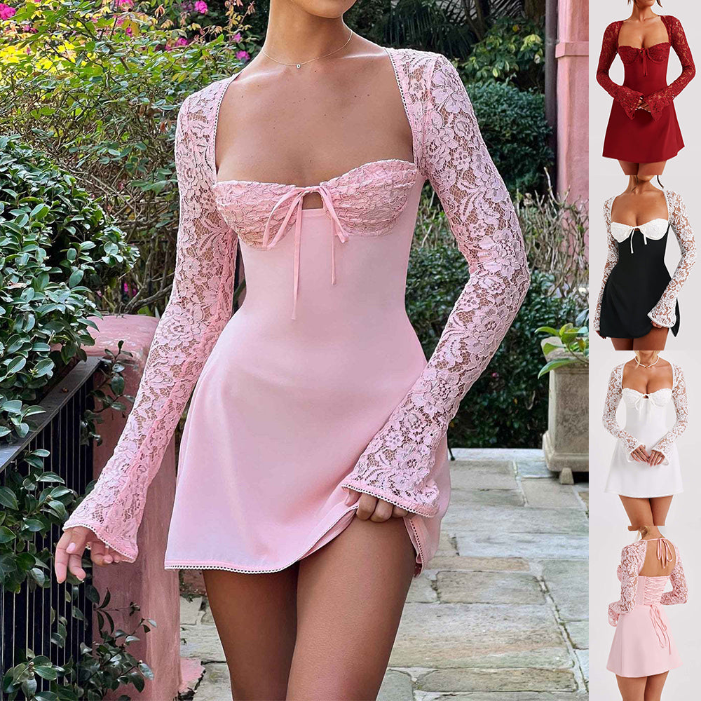 Y2K Lace Long Sleeve Backless Short Dress for Women – Sexy Corset Lace Up Elegant Fashion Clothing