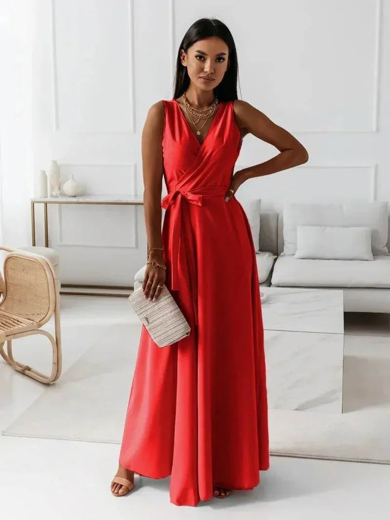 Elegant V-Neck Solid Color Formal Dress – Chic & Classy - ZA-Zola