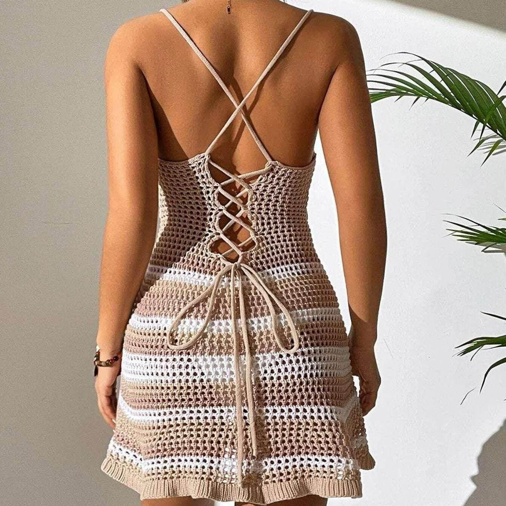Striped Crochet Spaghetti Strap Mini Dress - ZA-Zola
