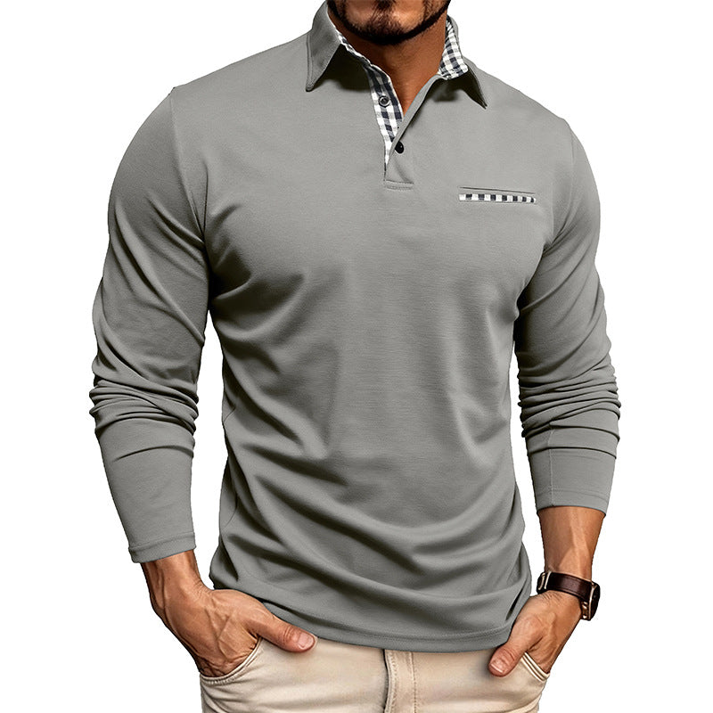 Men’s Plaid Splicing Polo Shirt – Casual Long Sleeve Lapel Top