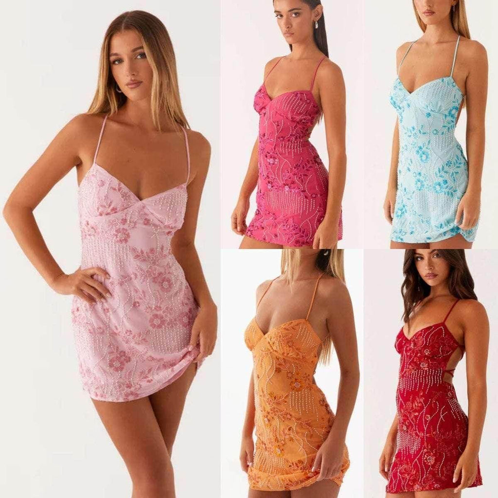 Women’s Sequin Embroidered Backless Sling Dress – High Waist Short Skirt (S–XXL) - ZA-Zola