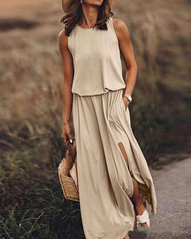 Woman in beige maxi dress with slit, straw hat, woven bag, outdoor, ZA-Zola fashion