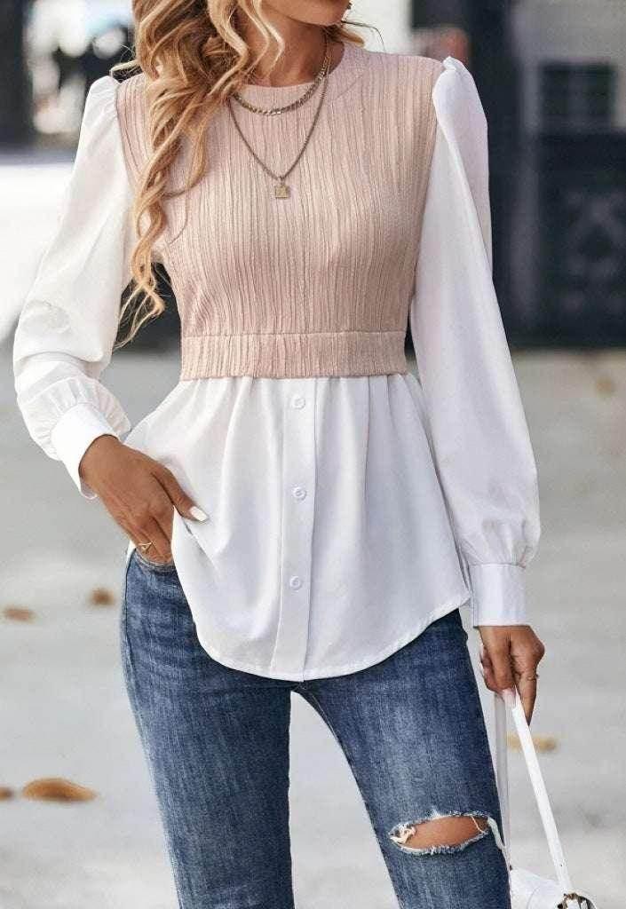 Wavy Stripe Stitching Blouse for Women - ZA-Zola