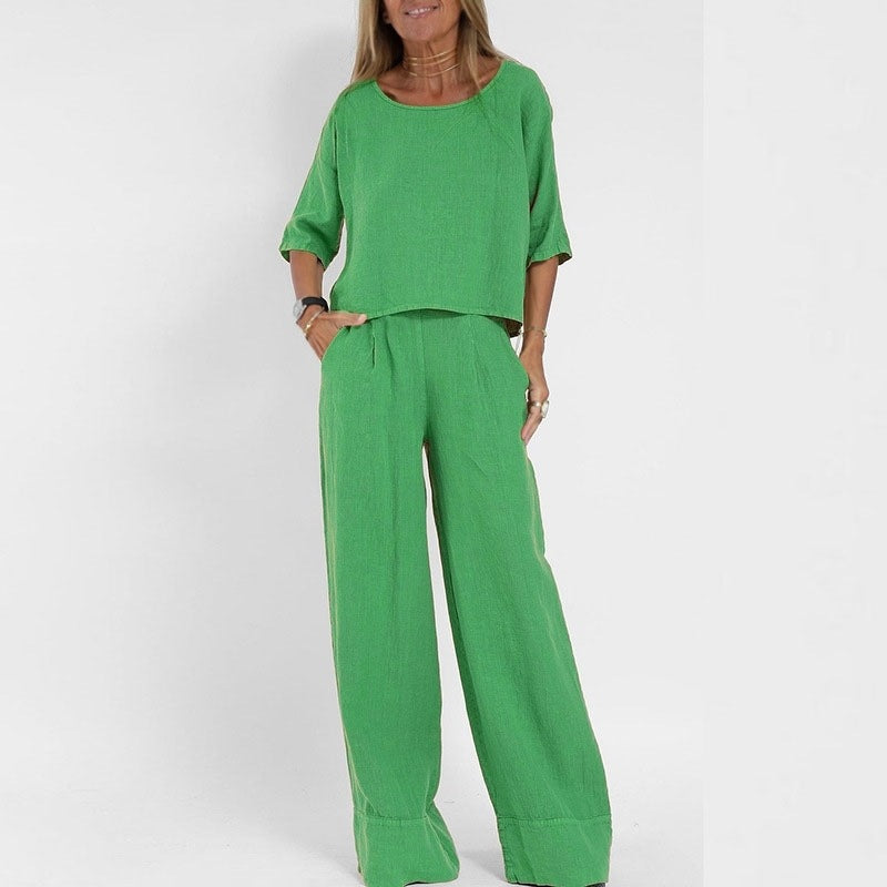 Cotton Linen Casual Pants Suit | Wide Leg