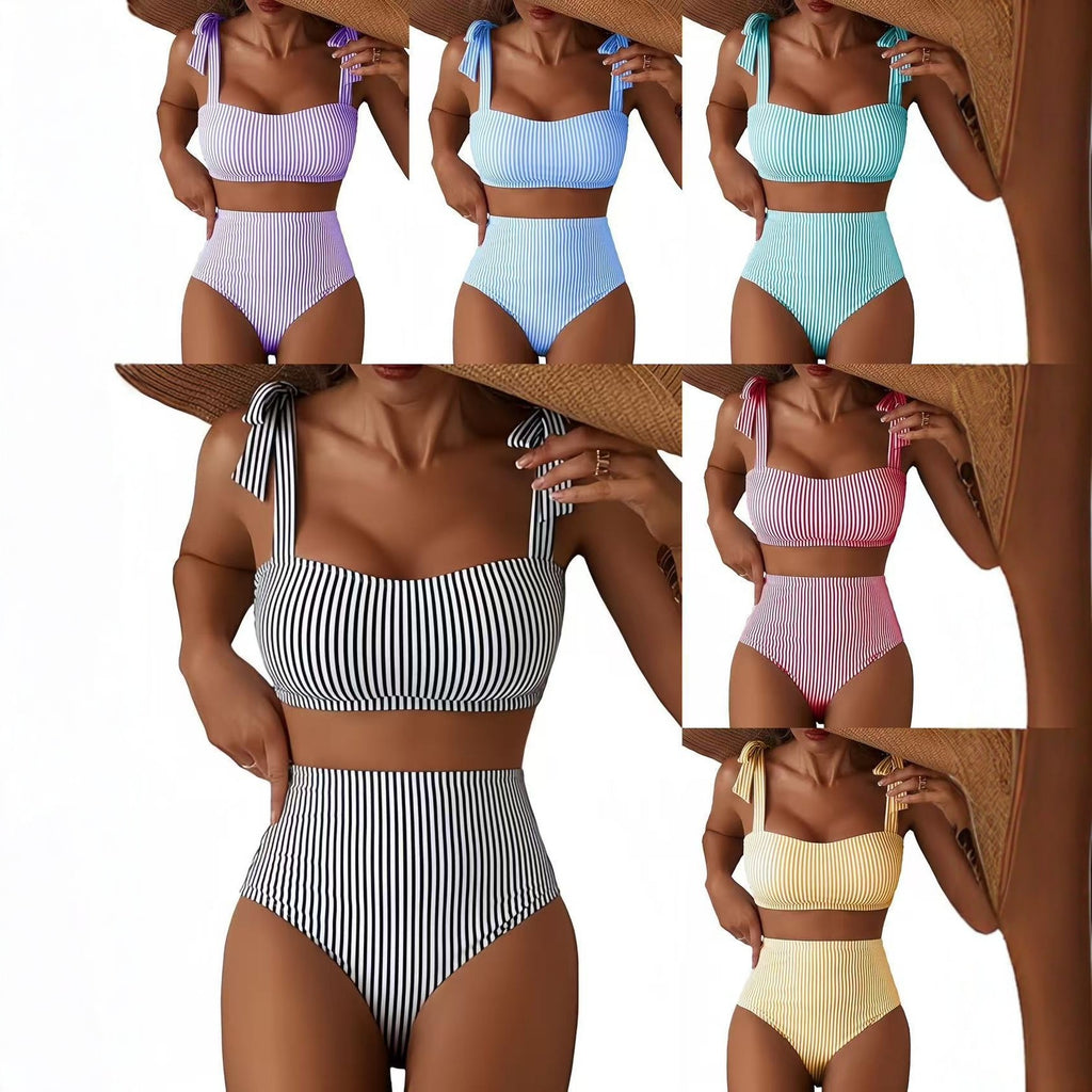 Lace Up Two Piece Bikini Set Women – Striped High Waist Swimwear