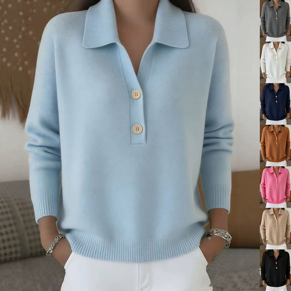 A woman wearing a light blue knit polo sweater with a collar and two buttons, shown in a lifestyle indoor setting. A vertical strip on the right shows the sweater in additional color options including gray, white, navy, brown, pink, beige, and black.