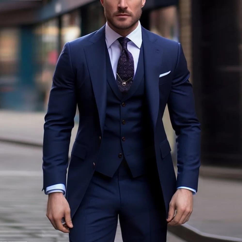 Man wearing a blue suit with a blurred city street background