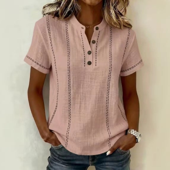 Striped Stand Collar V-Neck Button Blouse | Women's Top