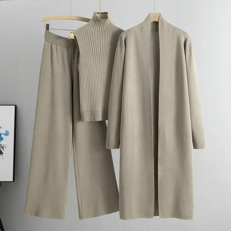 Women Knitted Three Piece Set – Stylish Vest, Cardigan & Pants Outfit - ZA-Zola