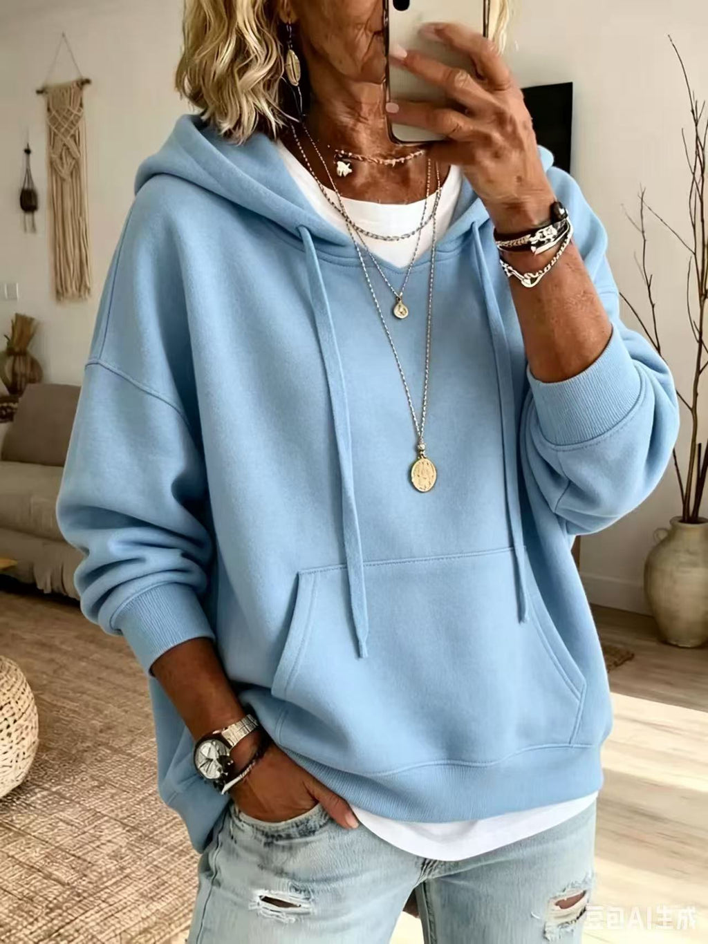 A person taking a mirror selfie wearing a light blue oversized pullover hoodie with drawstrings, a white undershirt, and light-wash distressed jeans. The setting is a cozy indoor room with neutral decor.