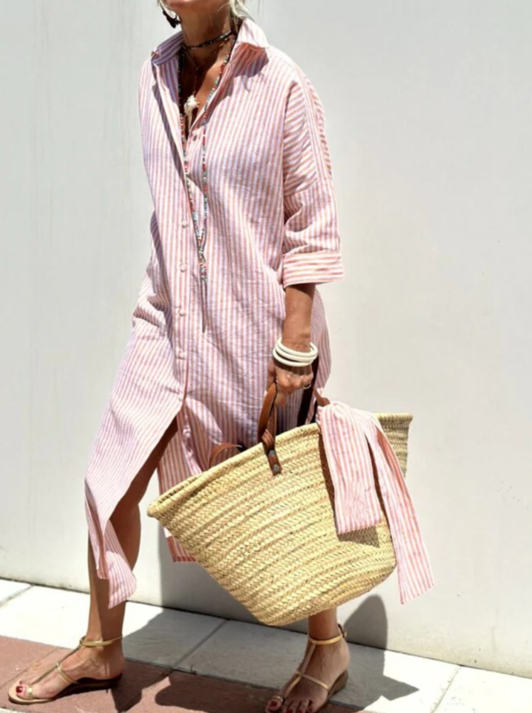 Striped Shirt Dress with Belt Half Sleeve Lapel Button Cardigan Dress Women's Fashion Clothing