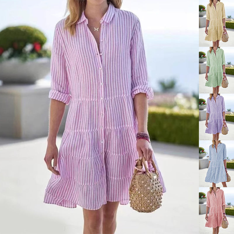 Ins Striped Long-sleeved Shirt Dress Fashion Lapel Button Women Dress