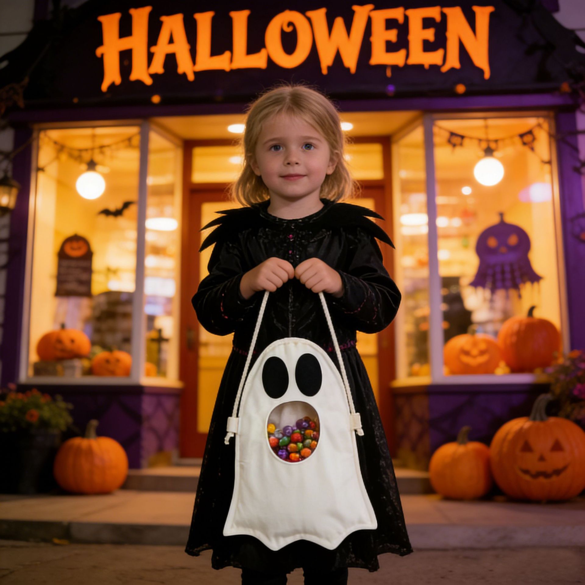 A young girl in a black vampire costume stands in front of a Halloween storefront at night, holding a white ghost-shaped candy bag filled with colorful candies. Pumpkins, warm window lights, and orange 'HALLOWEEN' signage are visible in the background.