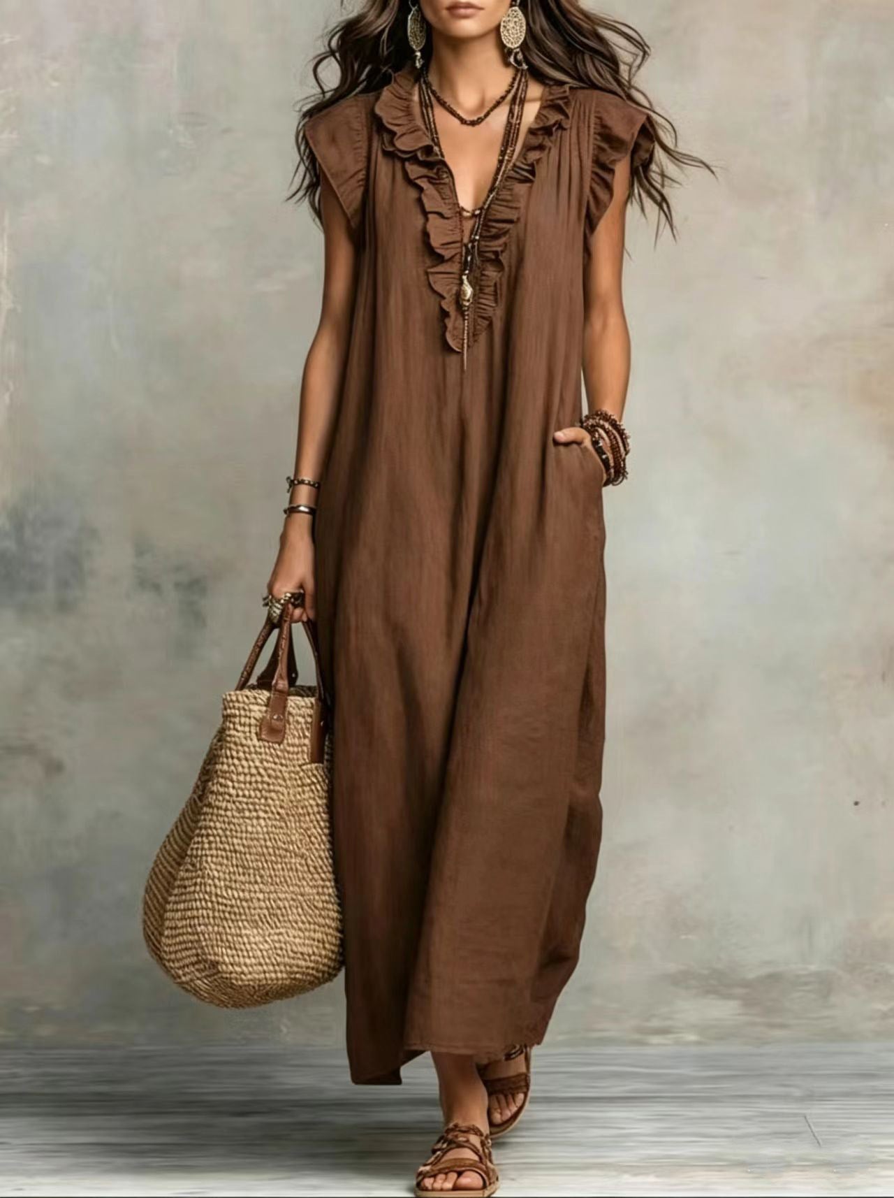 Woman wearing a brown dress holding a woven bag against a neutral background