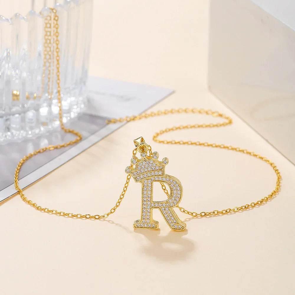 Gold Crown Initial Pendant Necklace for Daily Wear - ZA-Zola