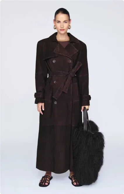 Double Breasted Suede Coat Women – Vintage Belted Long Winter Coat - ZA-Zola
