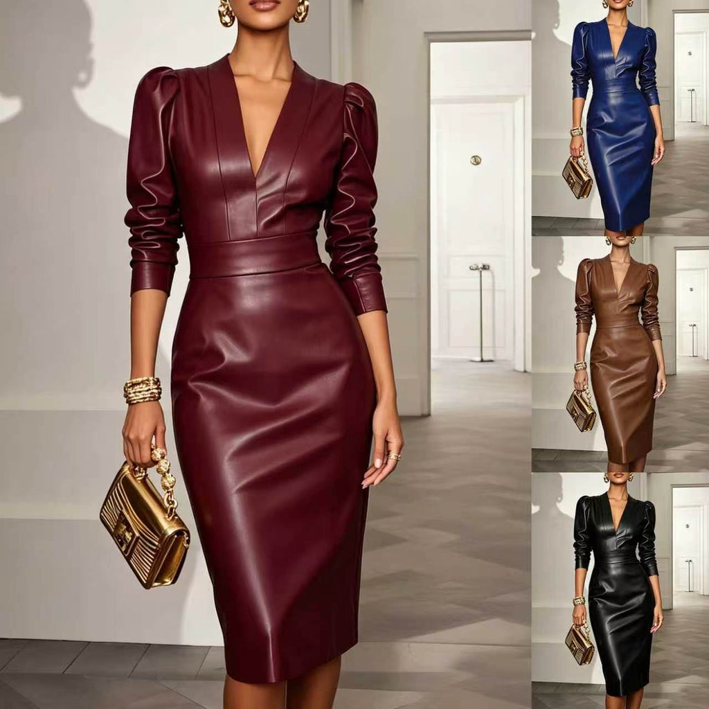 A woman models a fitted faux-leather midi dress with long puffed sleeves and a deep V-neck. The main view shows the dress in deep burgundy, with four smaller side thumbnails showing the same dress style in blue, brown, and black.