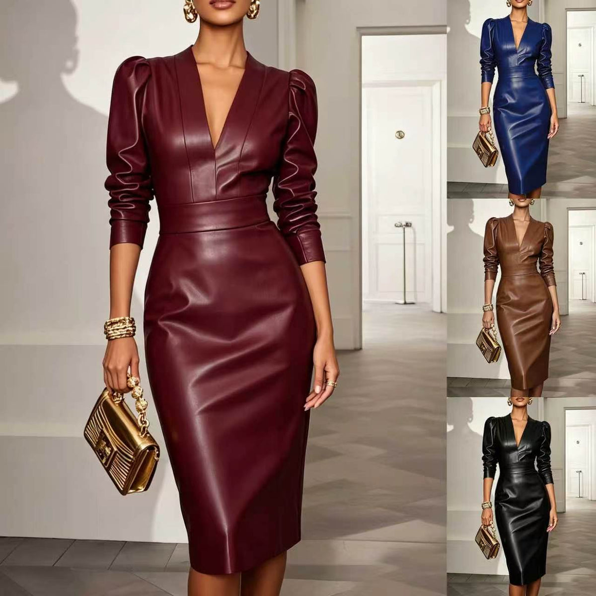 A woman models a fitted faux-leather midi dress with long puffed sleeves and a deep V-neck. The main view shows the dress in deep burgundy, with four smaller side thumbnails showing the same dress style in blue, brown, and black.