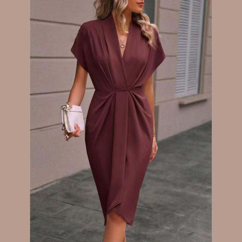 Summer Batwing Sleeve V-Neck Pleated Midi Dress for Women