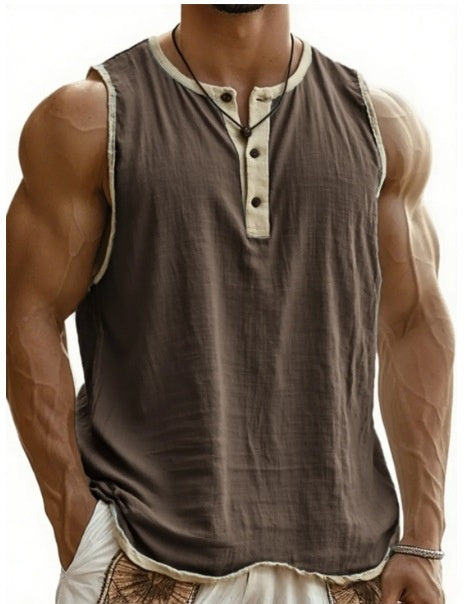Brown tank top with beige trim worn by a muscular person on a white background
