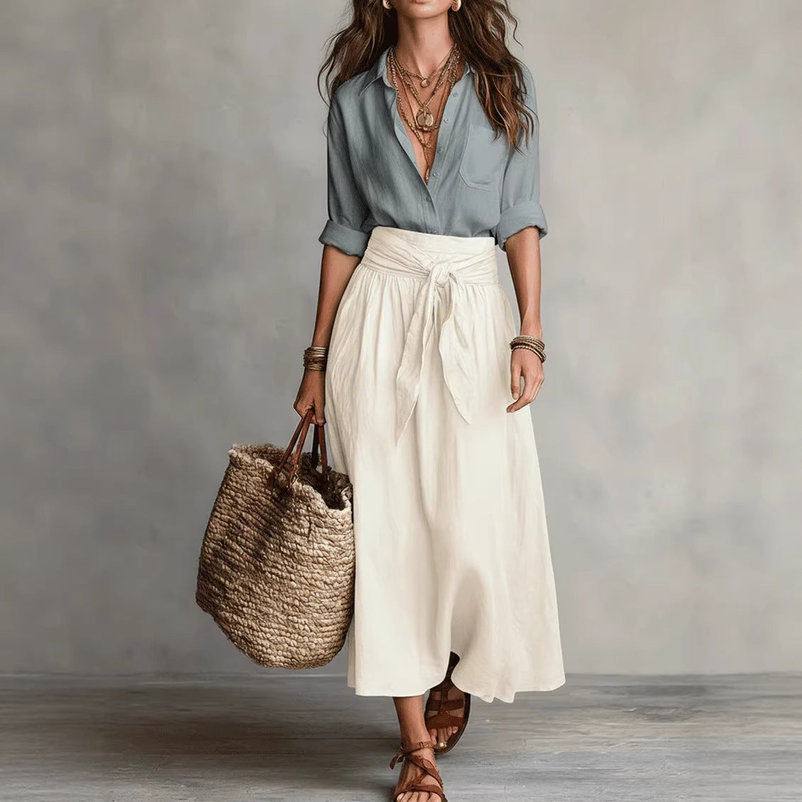 Woman wearing a light blue shirt and white skirt, holding a woven bag against a gray background
