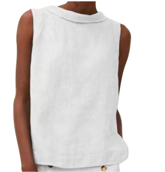White sleeveless top worn by a person on a white background