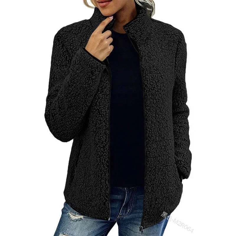 Women Bubble Velvet Sweatshirt – Warm Zipper Stand Collar Top - ZA-Zola