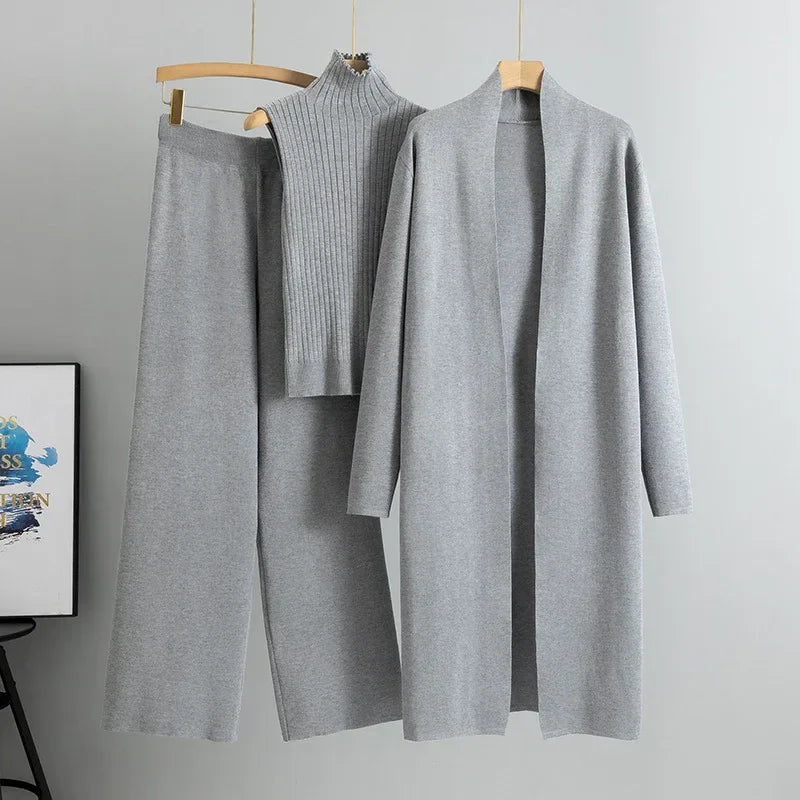 Women Knitted Three Piece Set – Stylish Vest, Cardigan & Pants Outfit - ZA-Zola
