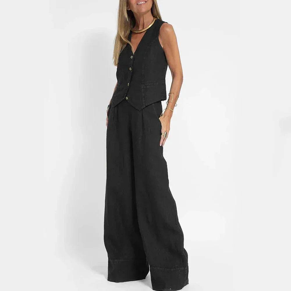 Woman wearing trendy black wide-leg pants and sleeveless vest from ZA-Zola fashion UK