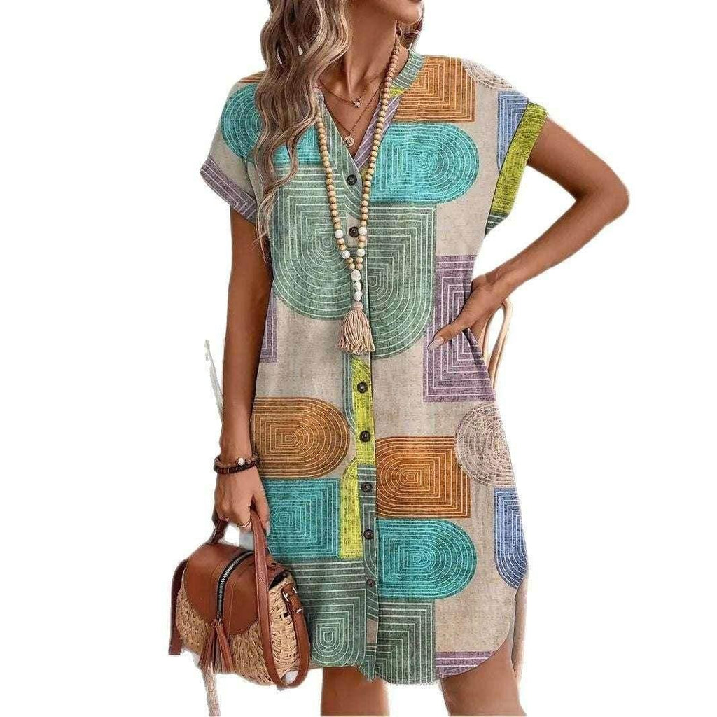Elegant 3D Printed V-Neck Linen Button Dress - ZA-Zola