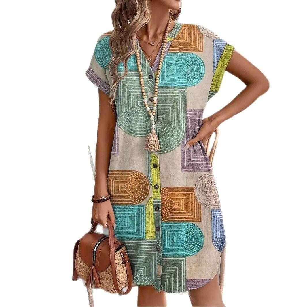 Elegant 3D Printed V-Neck Linen Button Dress - ZA-Zola