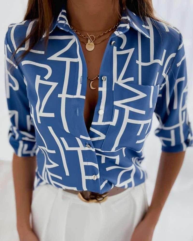Long Sleeve V-Neck Printed Shirt – ZA-Zola - ZA-Zola