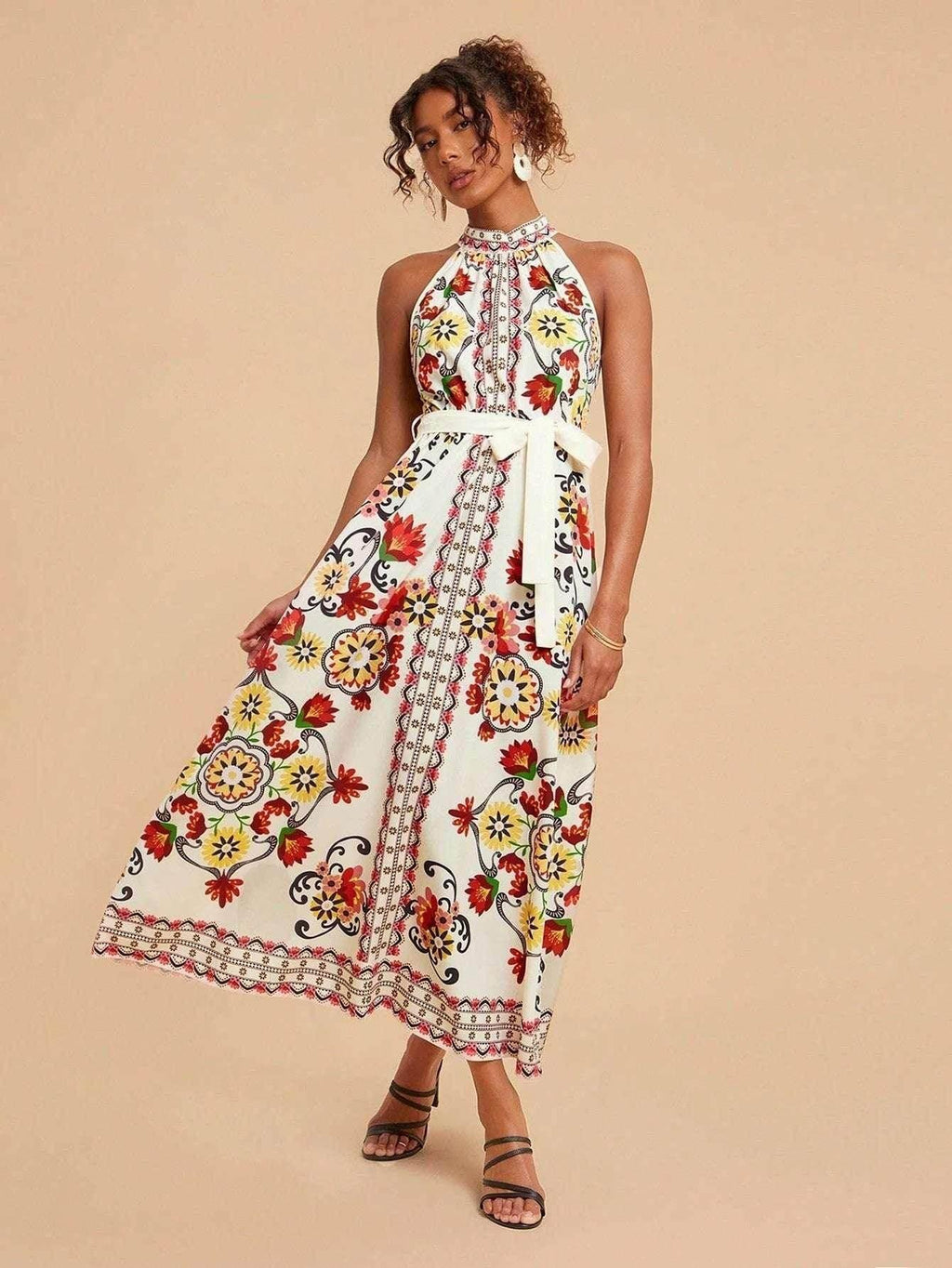 Floral Lace-Up Sleeveless Mid-Length Dress - ZA-Zola