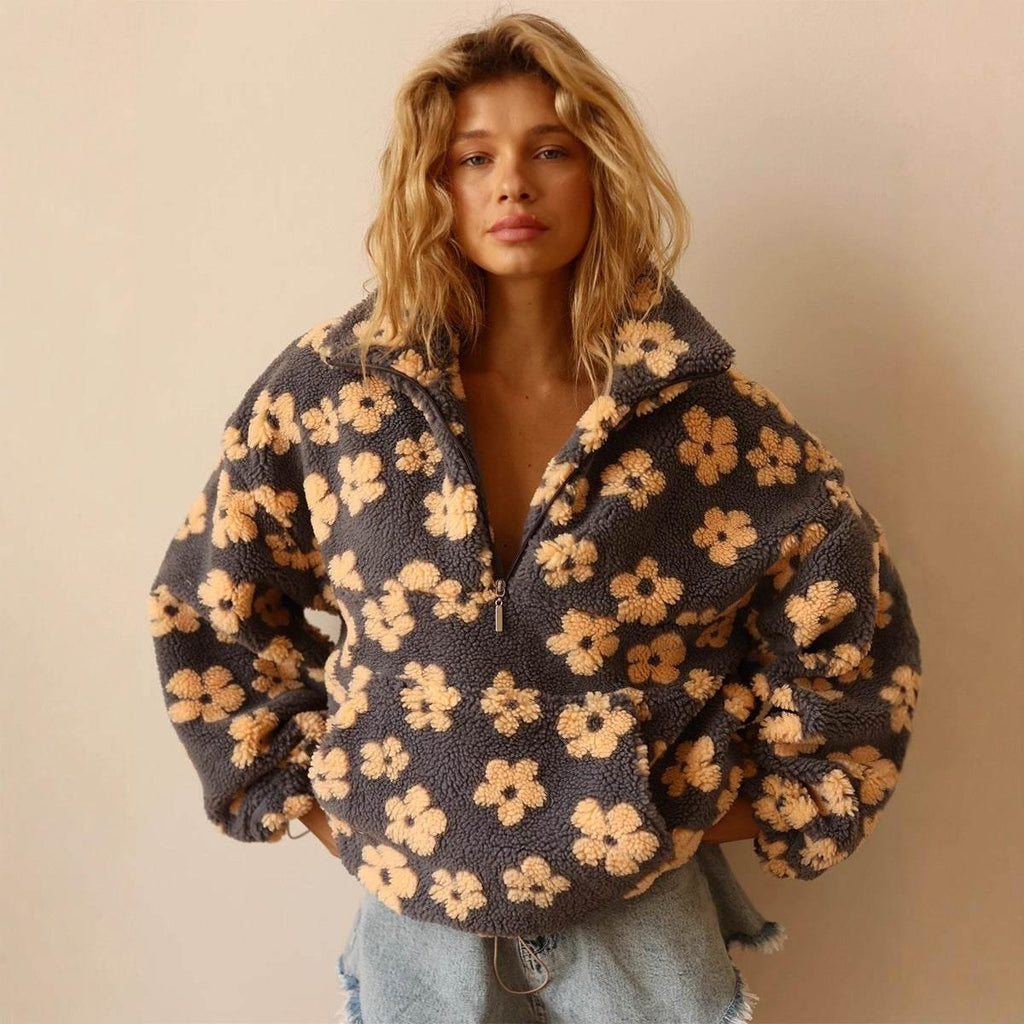 Winter Flowers Lambskin Sweatshirt – Cozy Zip-Up Pullover - ZA-Zola