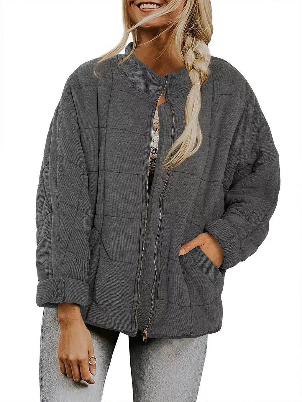 Winter Zip-up Stand Collar Coat for Women | Stylish Plaid Jacket - ZA-Zola